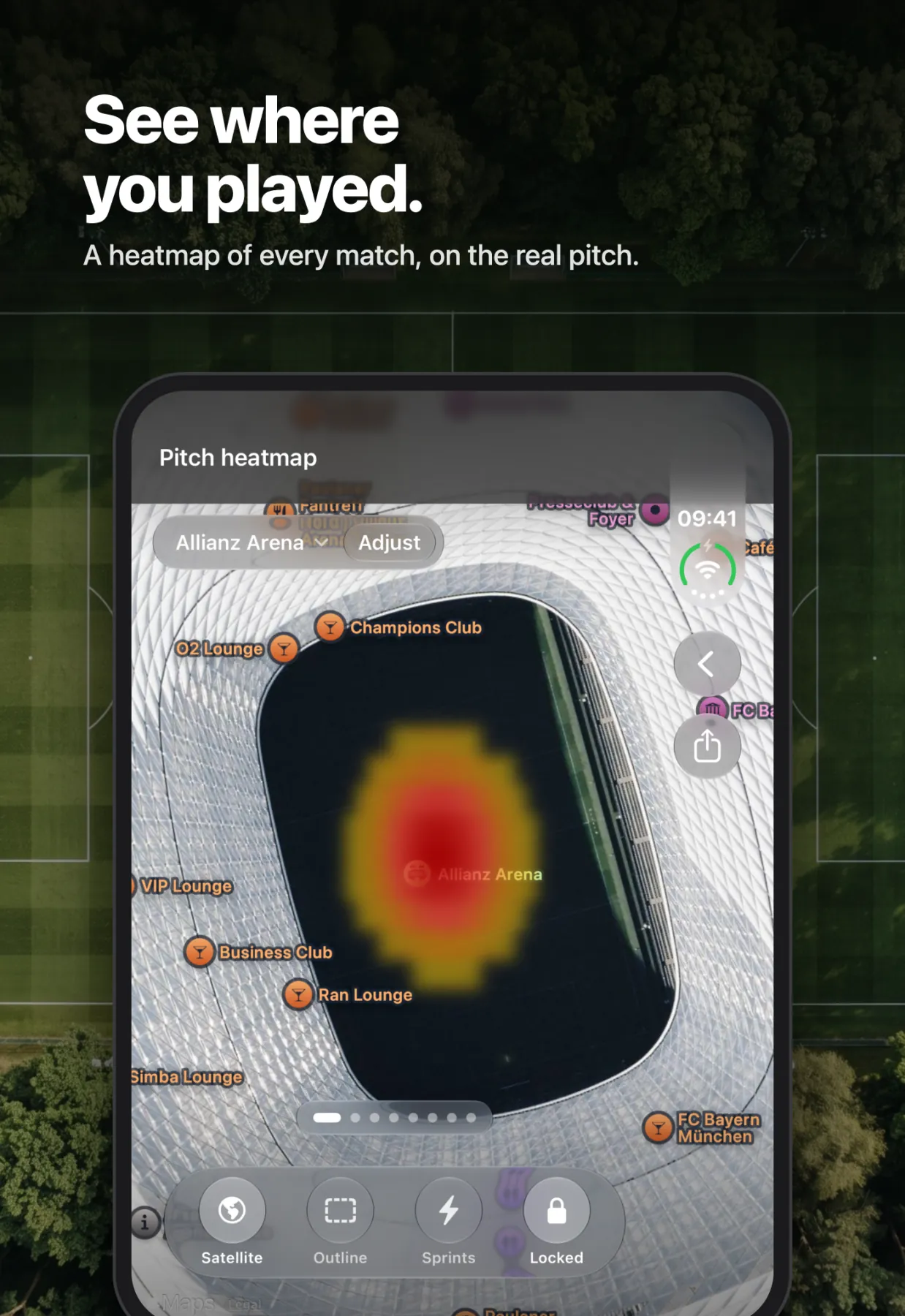 See where you played on iPhone Duo — a heatmap of every match, on the real pitch