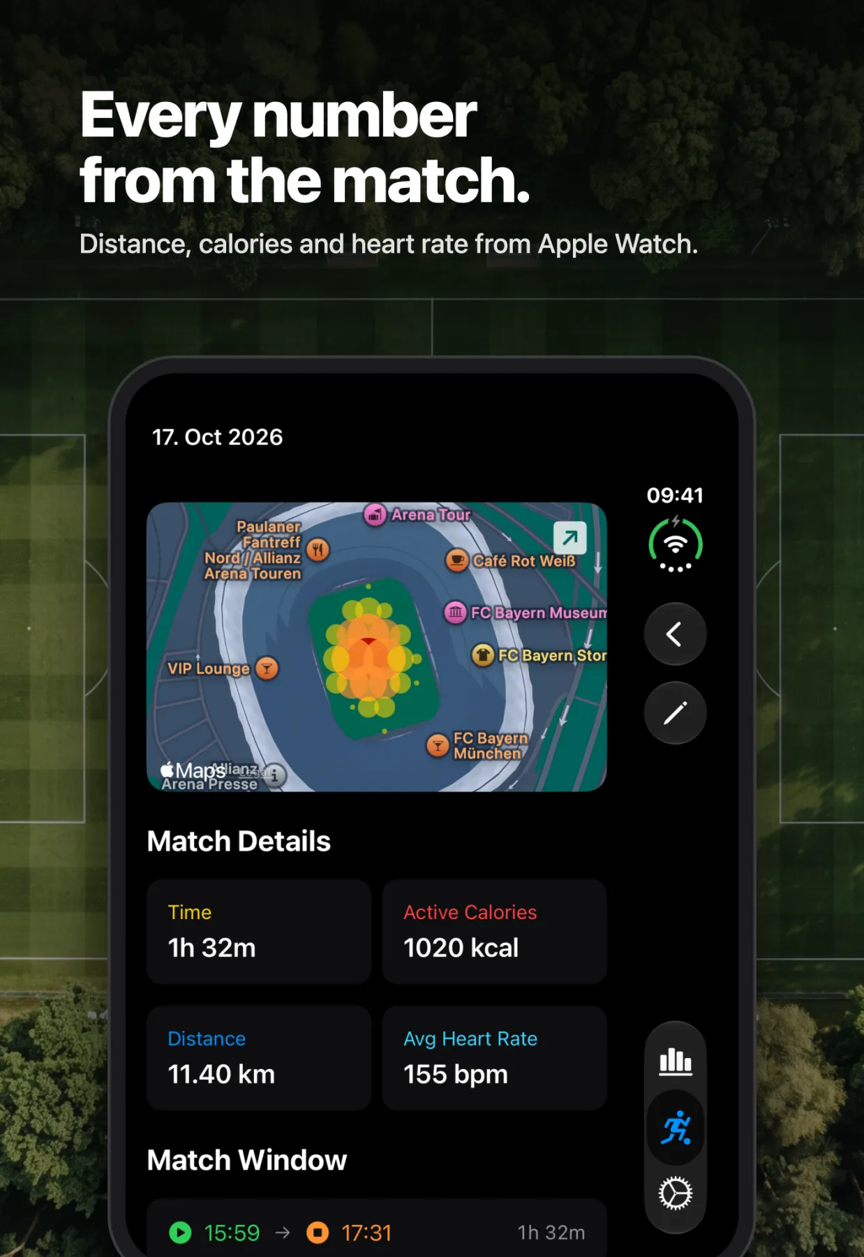 Every number from the match on iPhone Duo — distance, calories and heart rate from Apple Watch