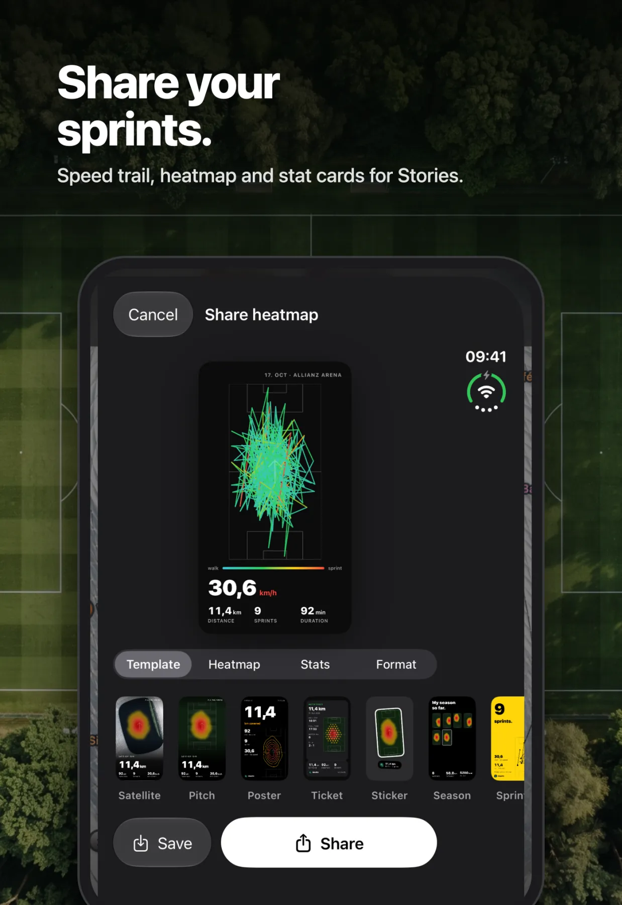 Share your sprints on iPhone Duo — speed trail, heatmap and stat cards for Stories