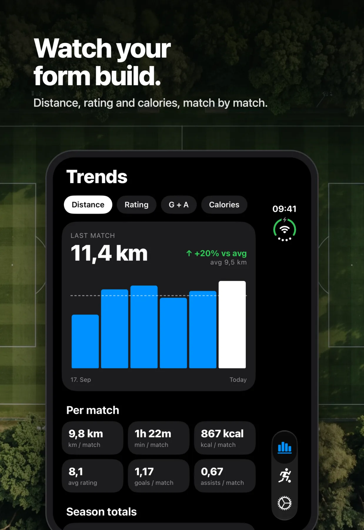Watch your form build on iPhone Duo — distance, rating and calories, match by match