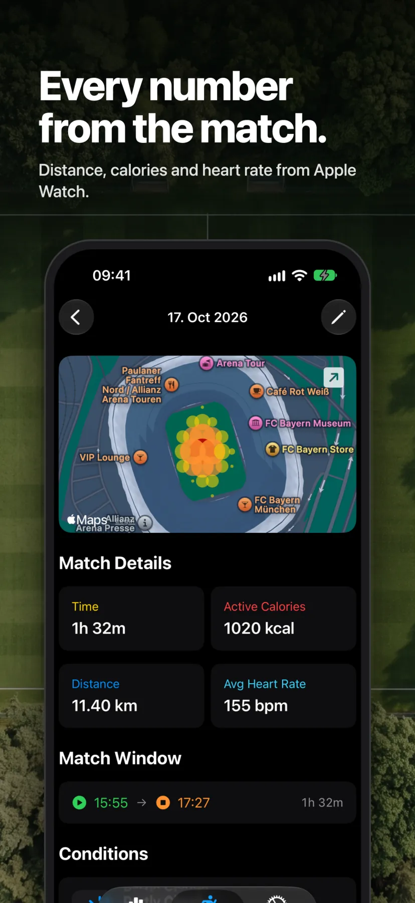 Every number from the match — distance, calories and heart rate from Apple Watch