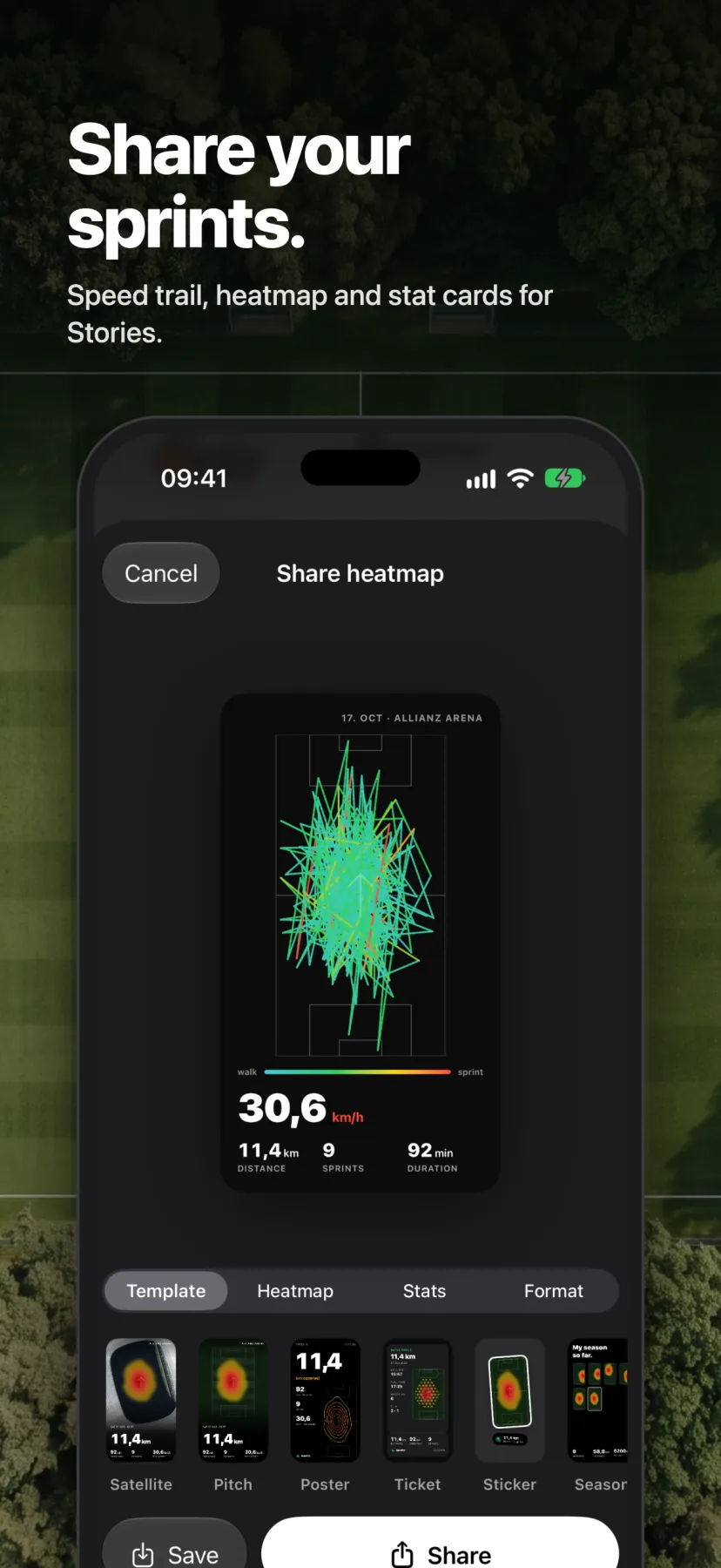 Share your sprints — speed trail, heatmap and stat cards for Stories