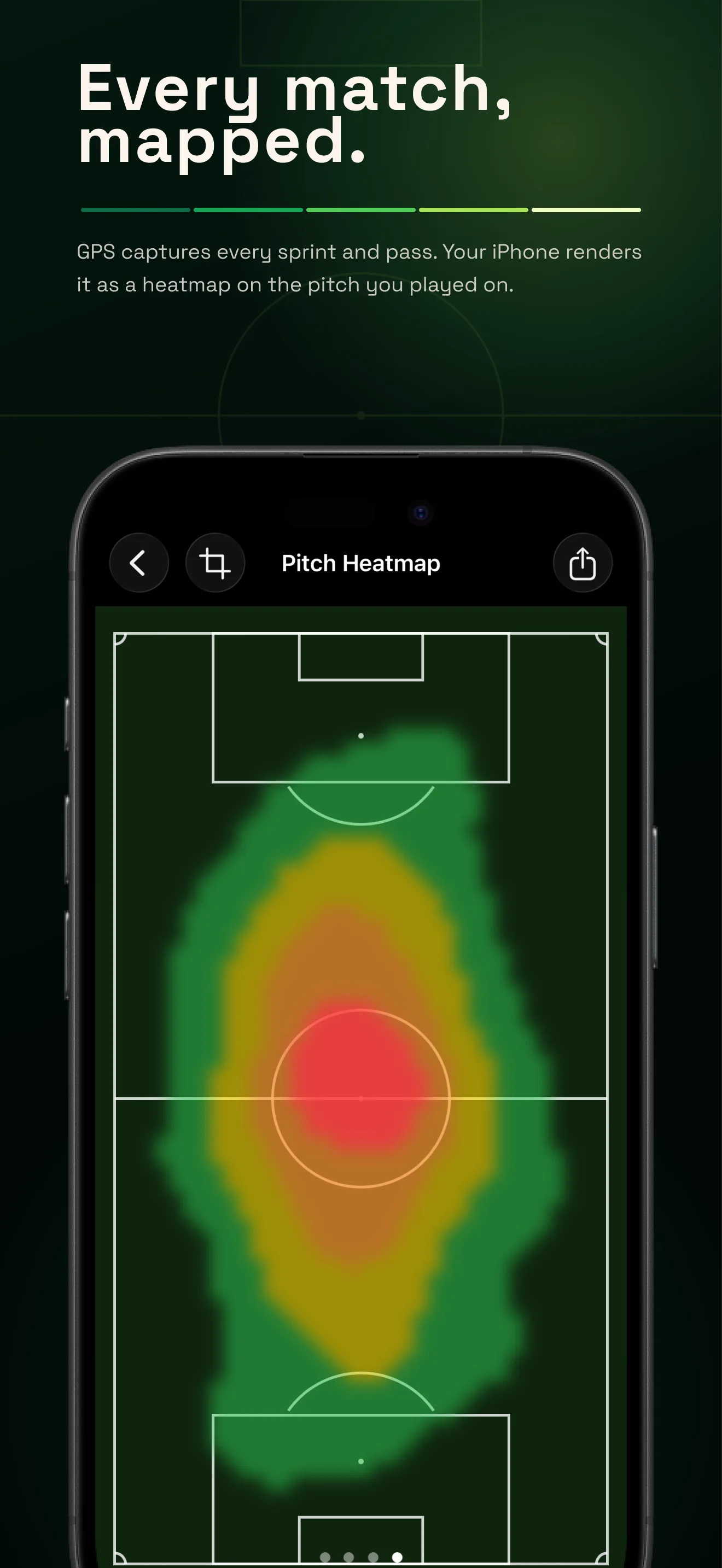Heatiz heatmap screen showing a player's GPS movement mapped onto a soccer pitch