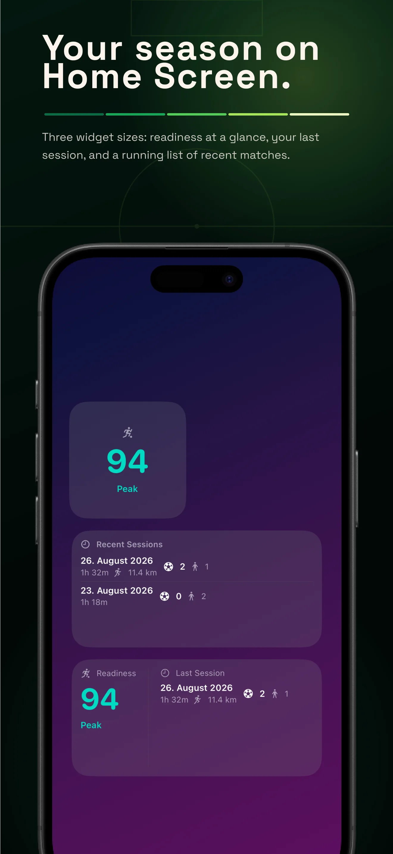 Your season on Home Screen — readiness, last session and recent matches widgets