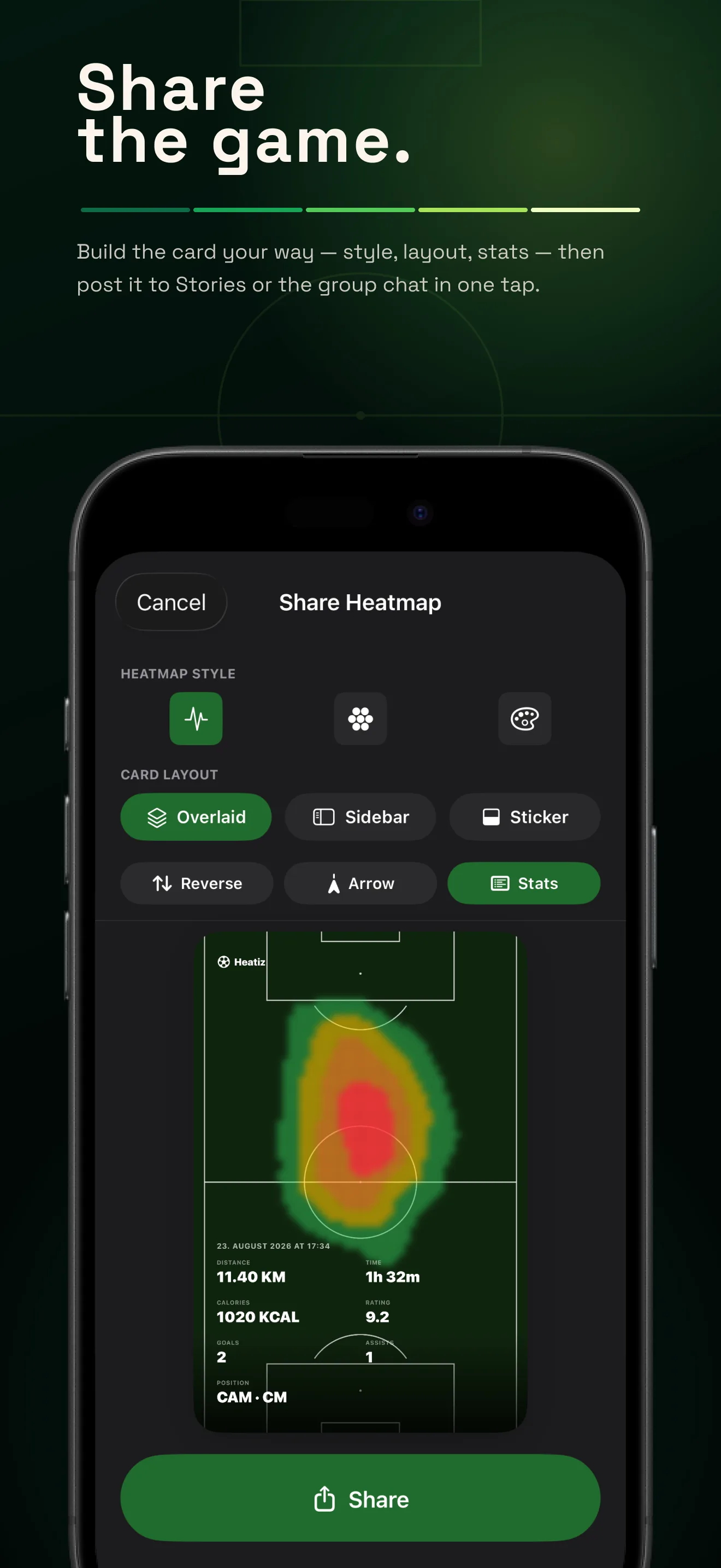 Share the game — build a heatmap card and post it to Stories or your group chat